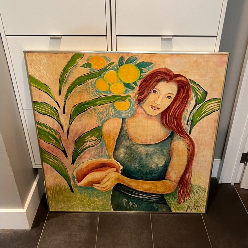 Beautiful Painting of a Hot Redhead holding a conch and lemon tree behind her